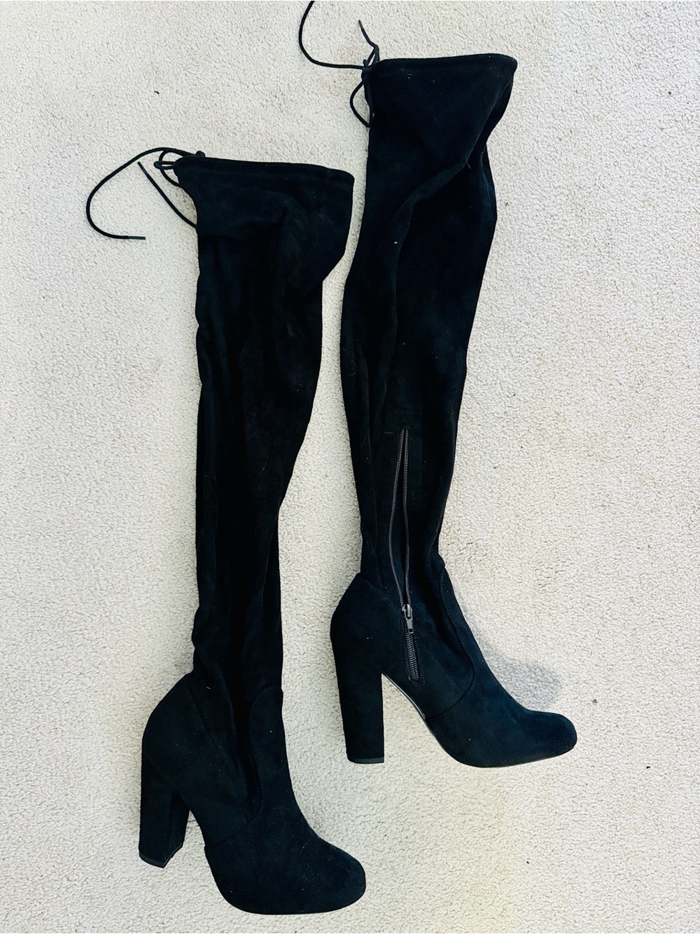 Women's Over-the-Knee Black Suede Block Heel Zip Boots